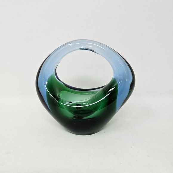 Vintage Bohemia Glass Czech Blue Green Basket - Picture 1 of 11
